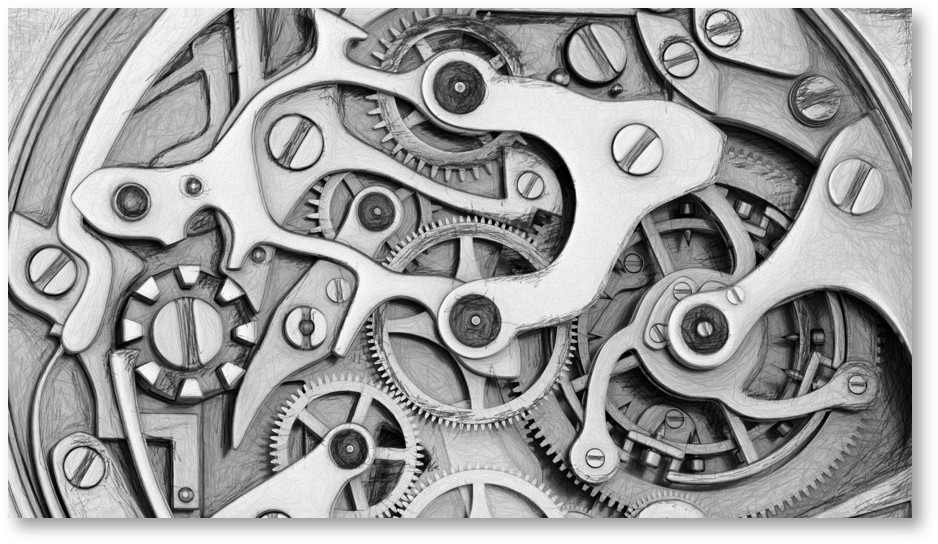Die künstlerische Darstellung einer Maschine mit vielen Zahnrädern